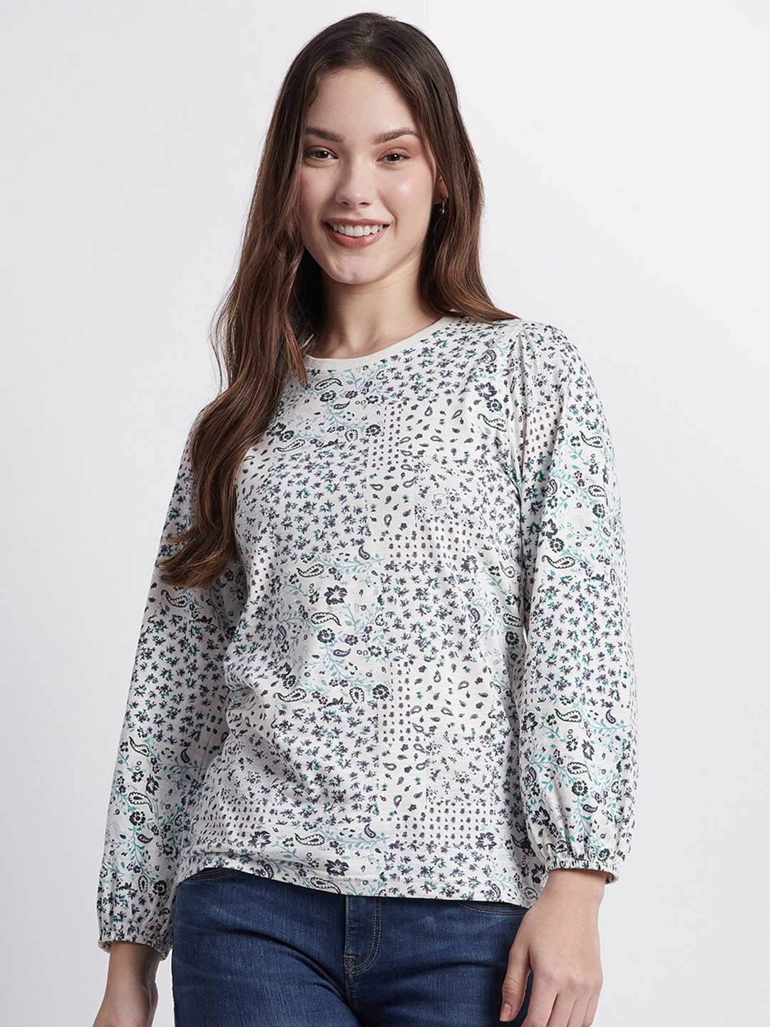 

Beverly Hills Polo Club Floral Printed Puff Sleeves Pure Cotton Top, Blue