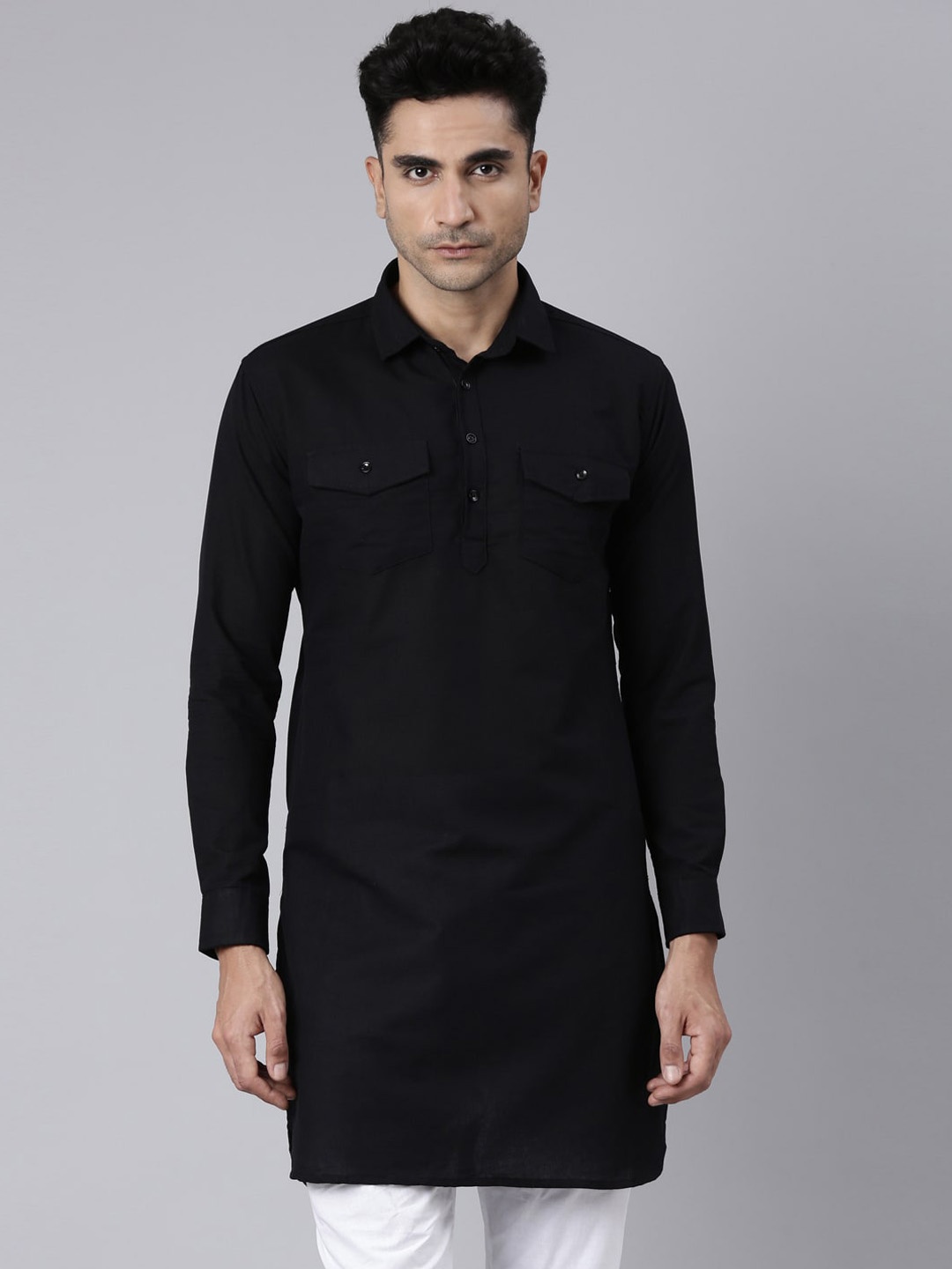 

Kryptic Shirt Collar Pure Cotton Paithani Kurta, Black