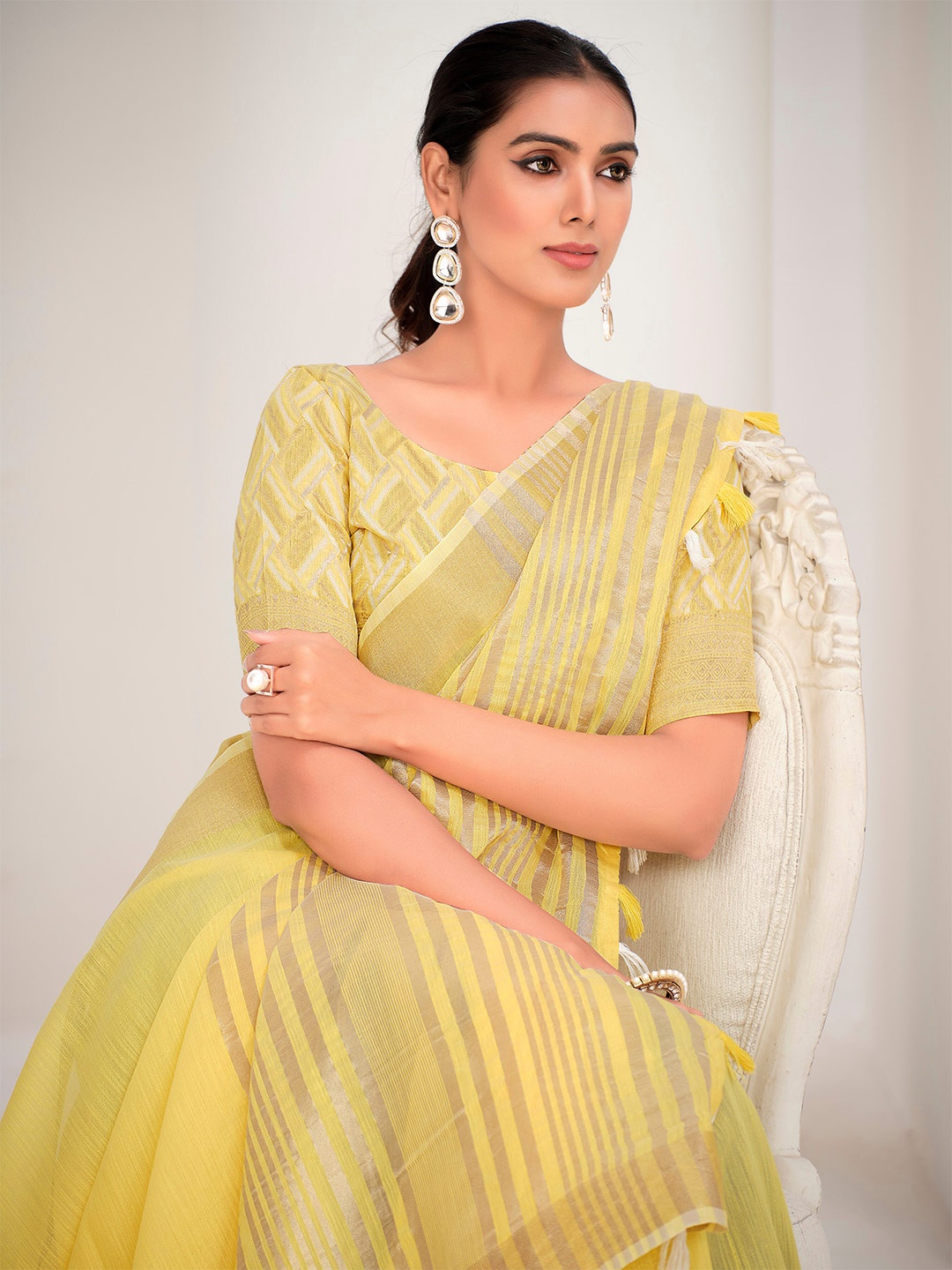 

Sangria Striped Zari Organza Saree, Yellow