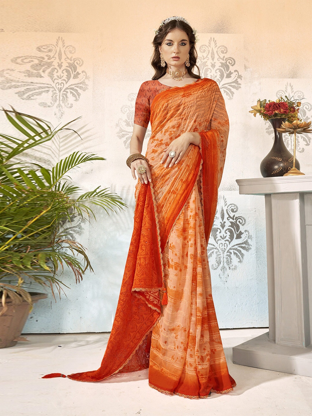 

KALINI Ethnic Motif Embriodered Pure Georgette Saree, Orange