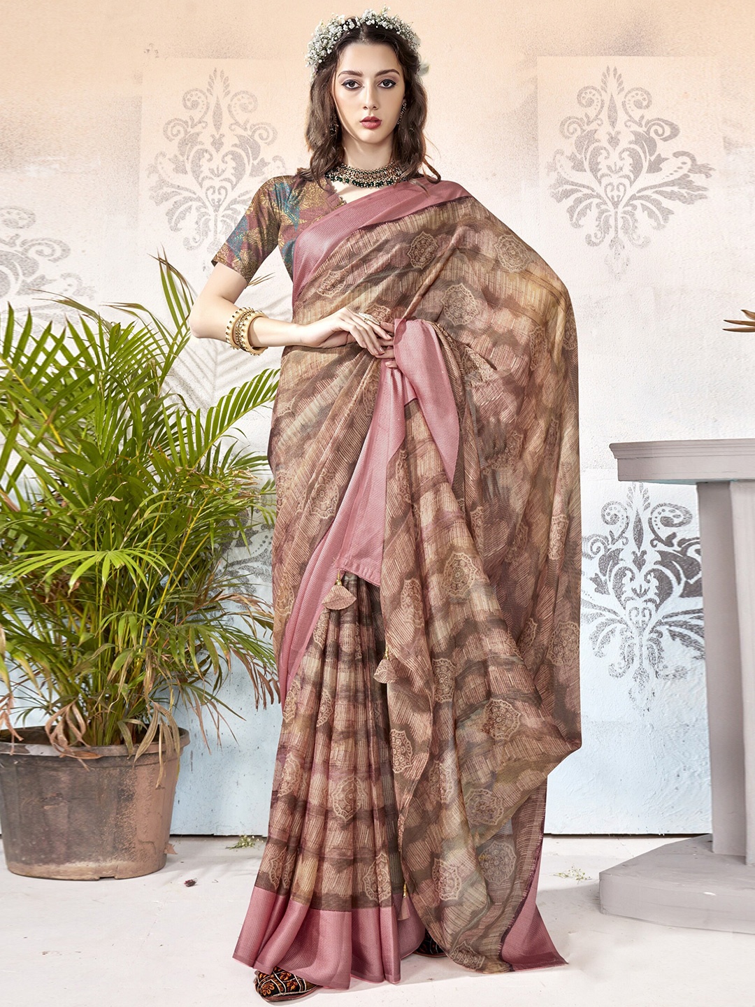 

KALINI Ethnic Motifs Printed Brasso Saree, Pink