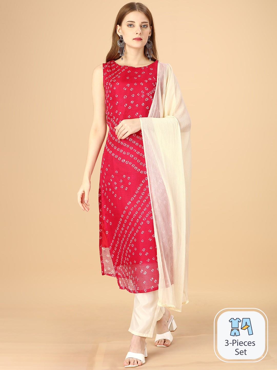

heemara Women Bandhani Printed Regular Kurta with Trousers & With Dupatta, Pink
