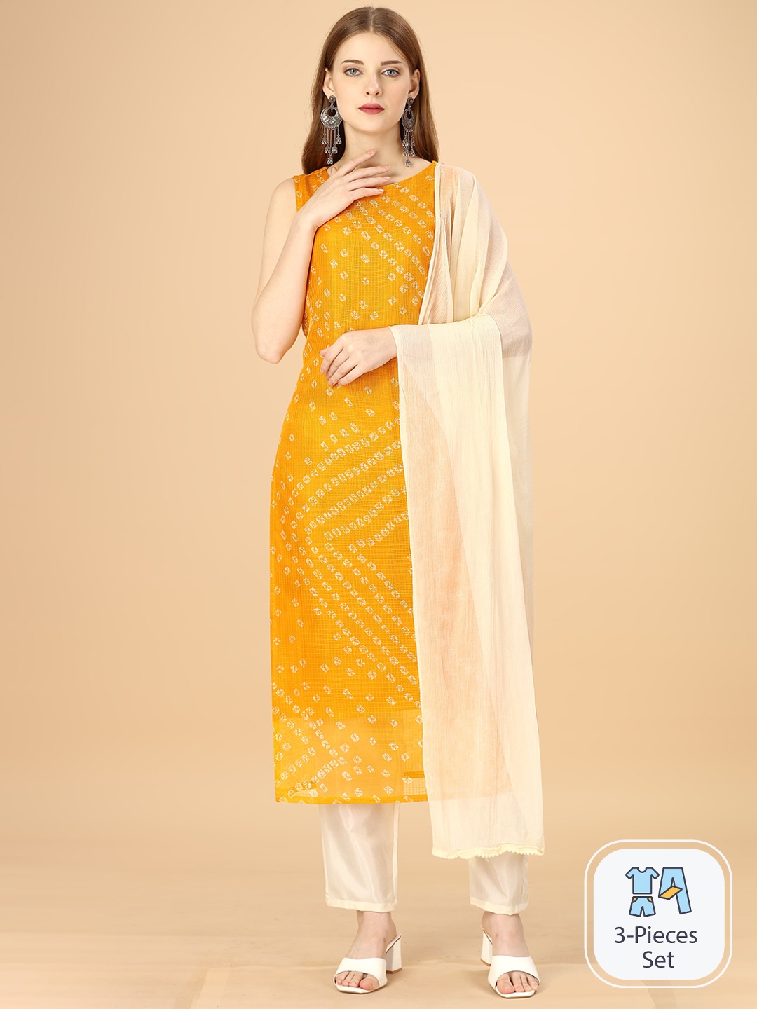 

heemara Women Bandhani Printed Regular Kurta With Trousers & Dupatta, Yellow