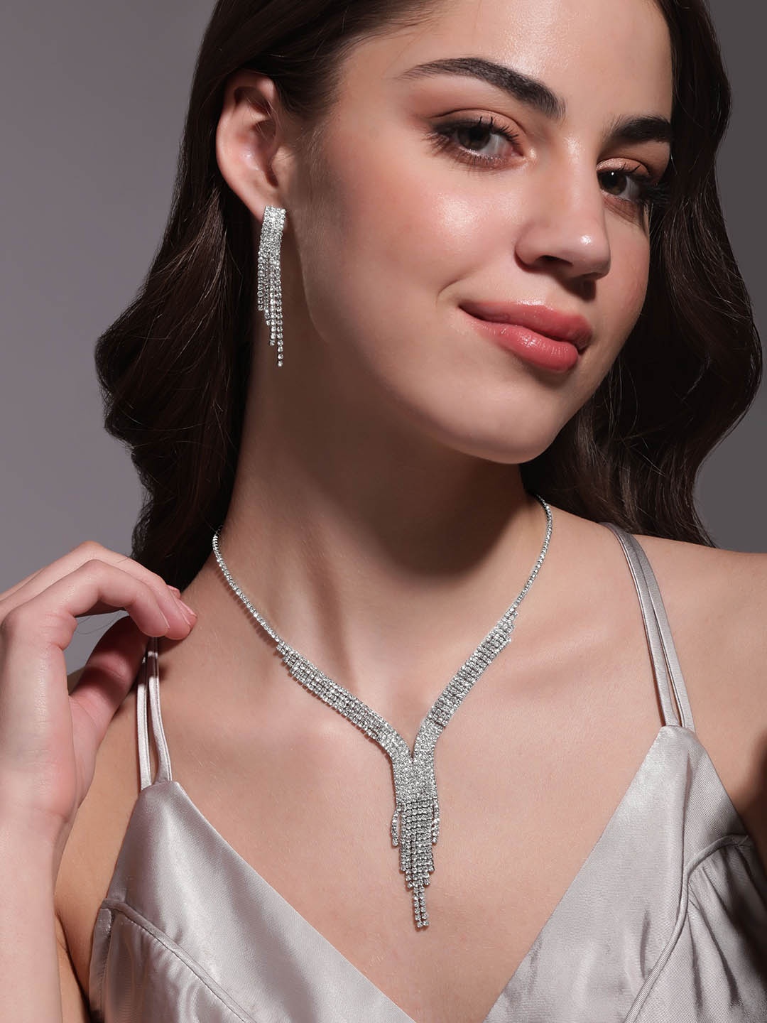 

Rubans Rhodium-Plated Crystal Studded Jewellery Set, Silver