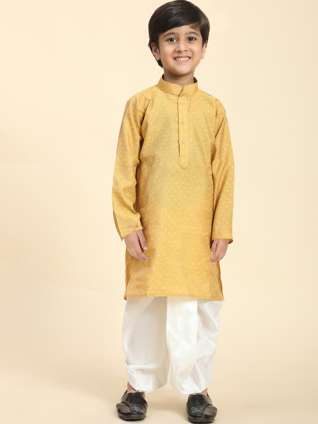 

Pro-Ethic STYLE DEVELOPER Boys Self Designed Regular Kurta With Dhoti Pants, Mustard