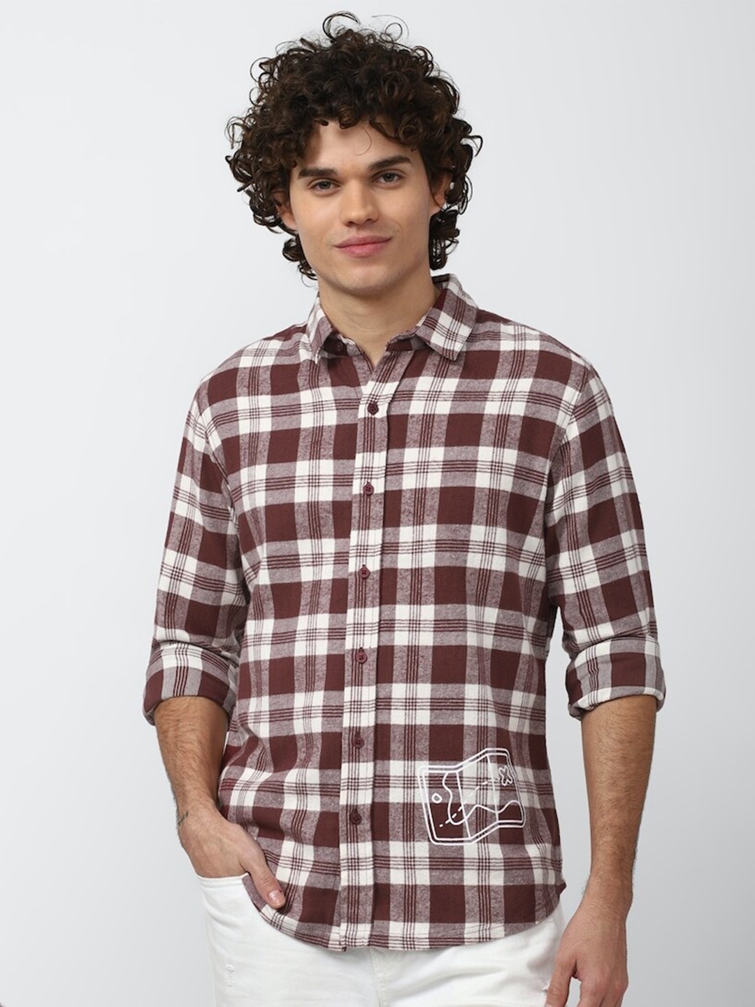 

FOREVER 21 Tartan Checked Pure Cotton Casual Shirt, Maroon