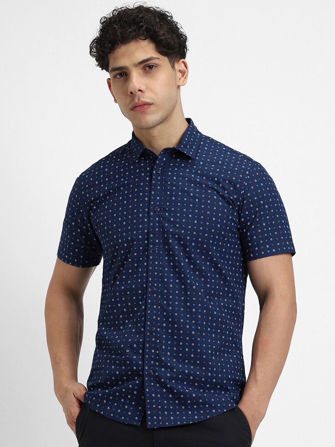 

FOREVER 21 Opaque Printed Casual Shirt, Navy blue