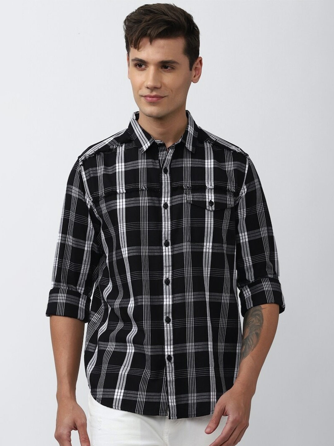 

FOREVER 21 Tartan Checked Casual Shirt, Black