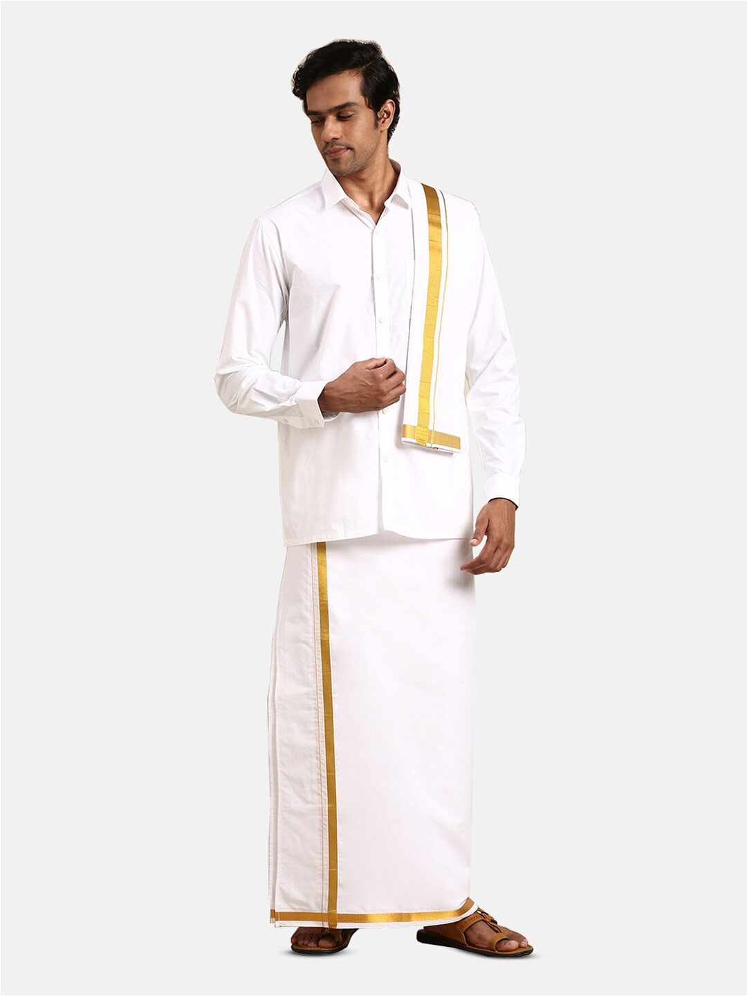 

Ramraj Long Sleeves Pure Cotton Shirt & Veshti, White