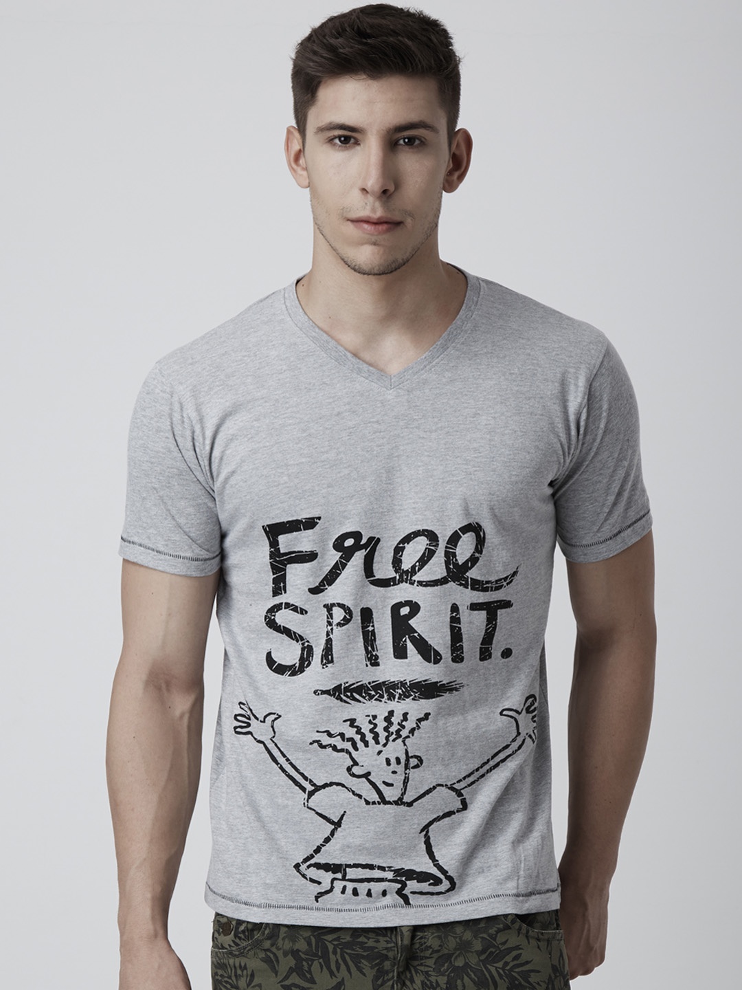 

FIDO DIDO Men Grey Melange Printed V-Neck Slim Fit T-shirt