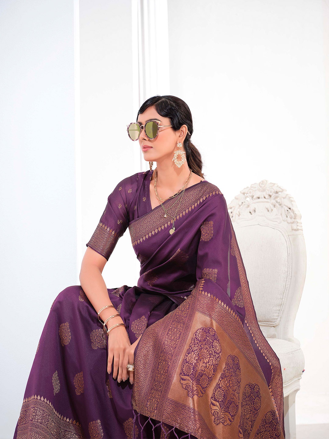 

Sangria Purple & Gold-Toned Ethnic Motifs Woven Design Zari Saree