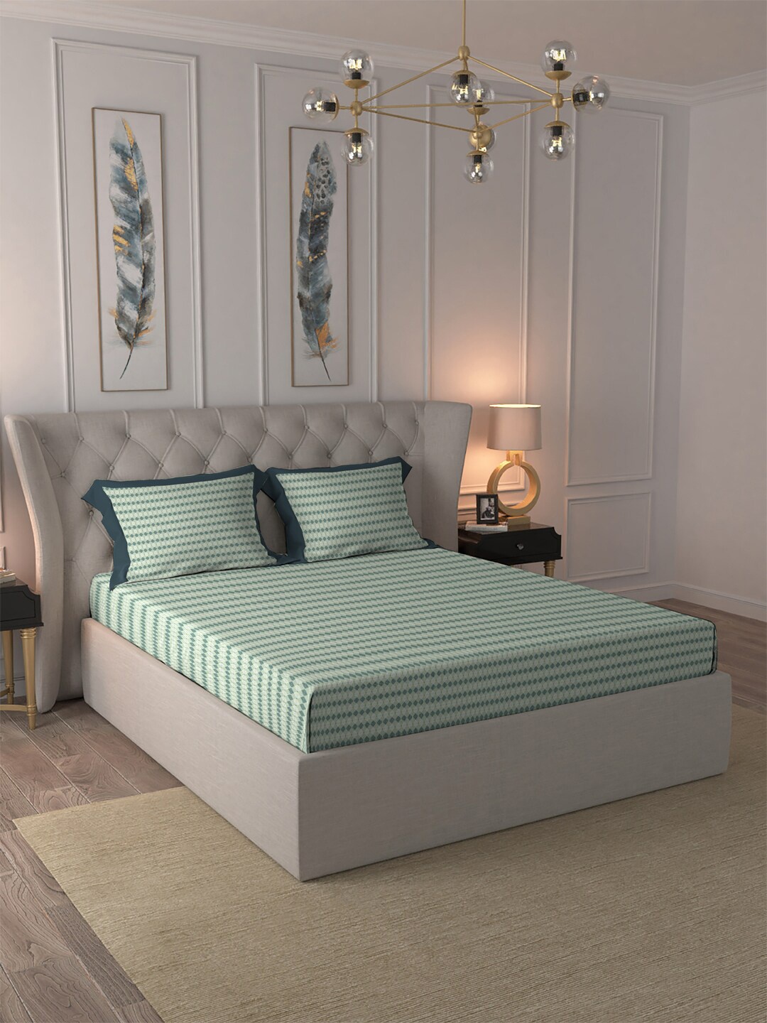

MYTRIDENT Shades of Comfort Olive Green Geometric 180 TC Cotton King Bedsheet Set