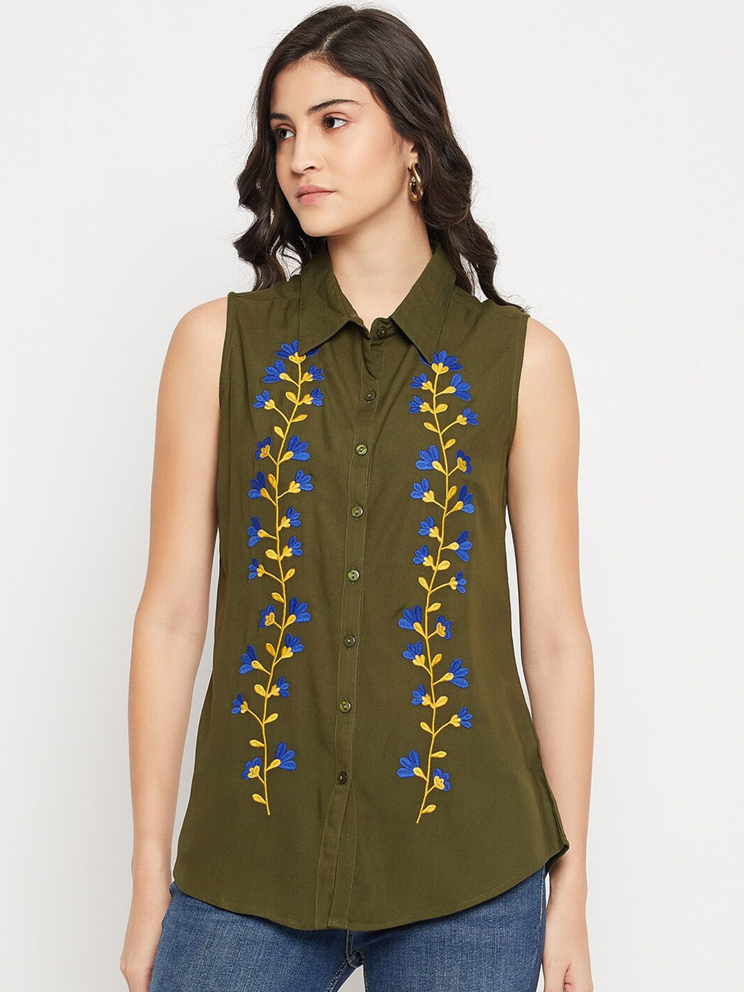 

BAESD Spread Collar Sleeveless Embroidered Casual Shirt, Green