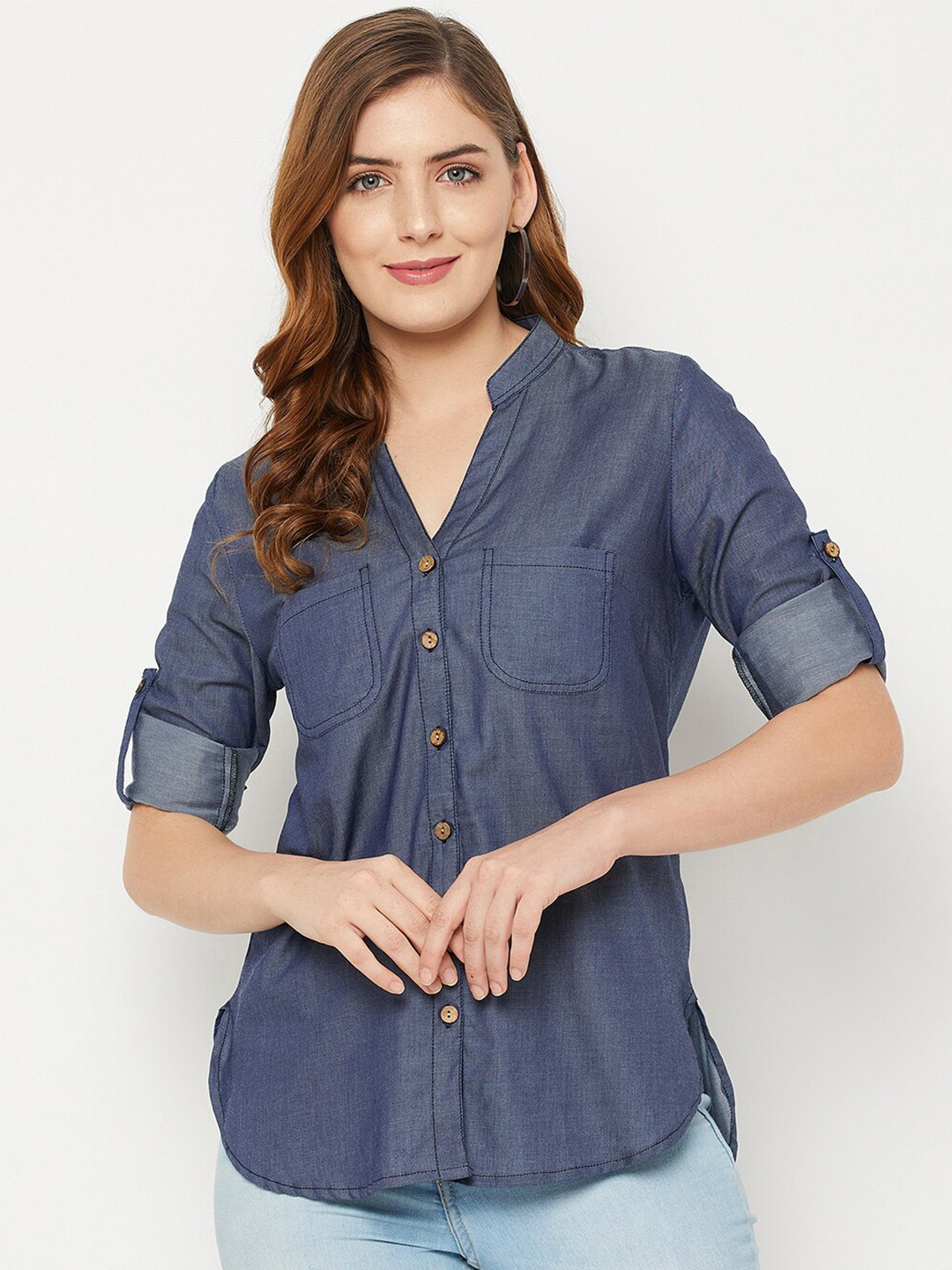 

BAESD Mandarin Collar Roll-Up Sleeves Classic Regular Fit Denim Casual Shirt, Blue