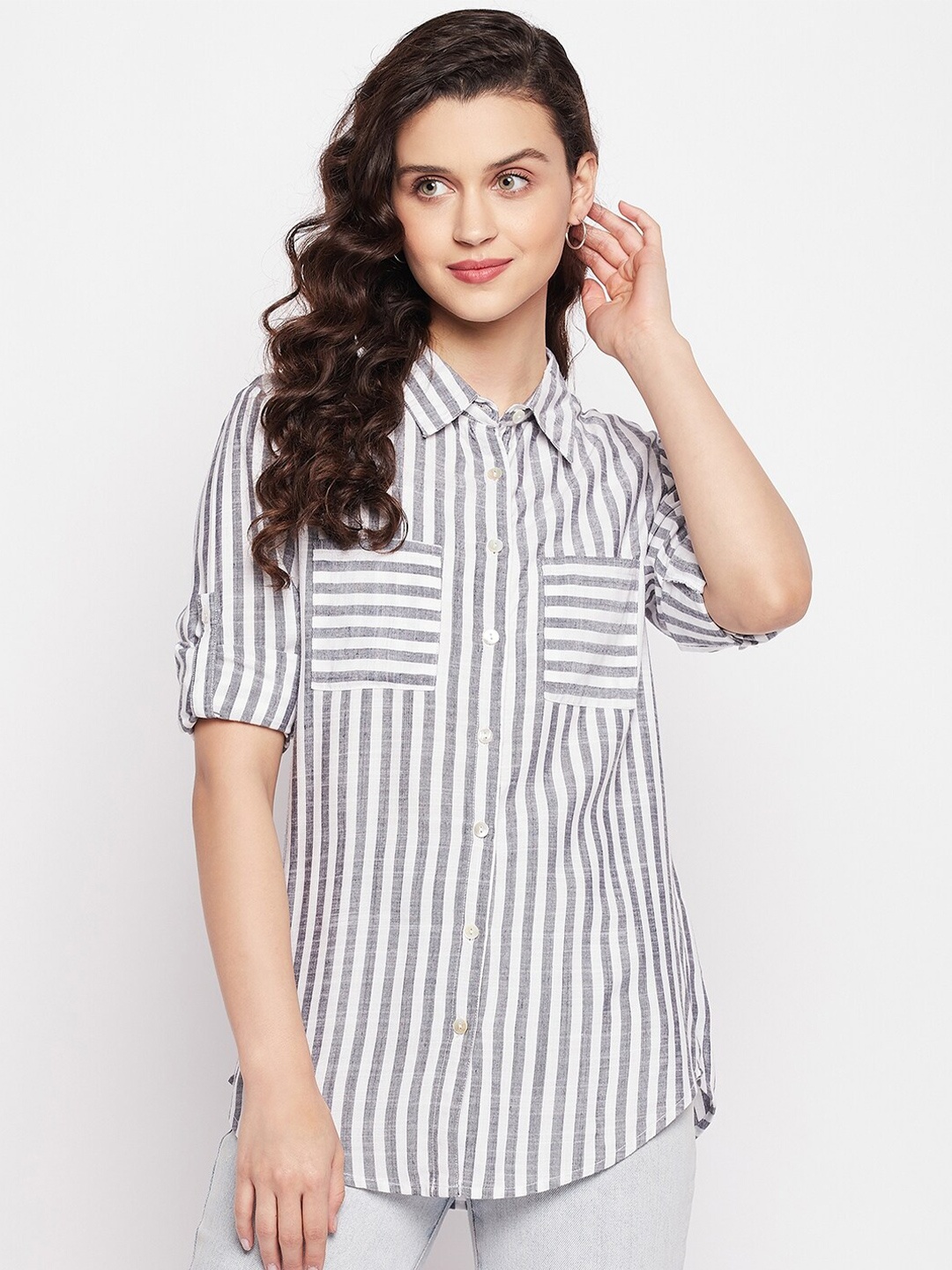 

BAESD Striped Spread Collar Regular Fit Cotton Casual Shirt, White