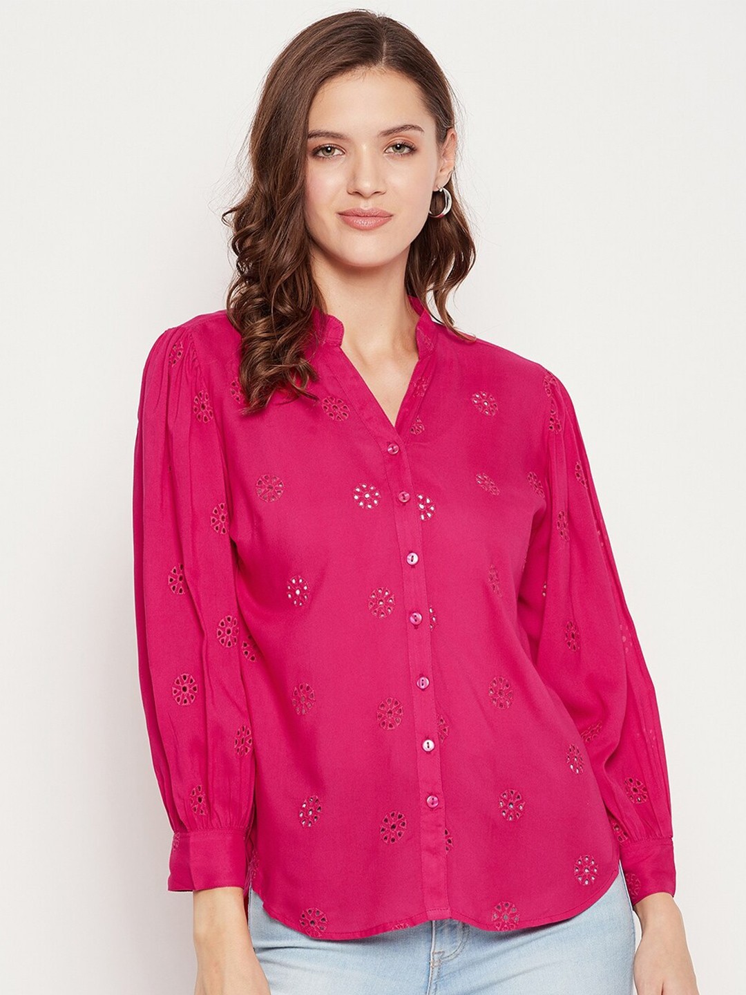 

BAESD Classic Self Design Mandarin Collar Regular Fit Casual Shirt, Fuchsia