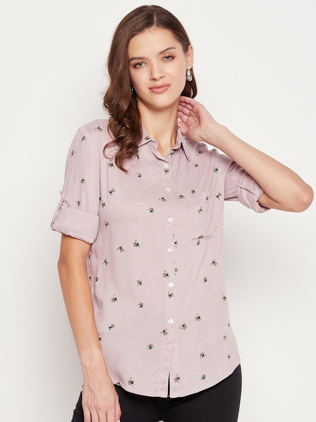 

BAESD Conversational Printed Spread Collar Roll-Up Sleeves Classic Regular Fit Shirt, Peach