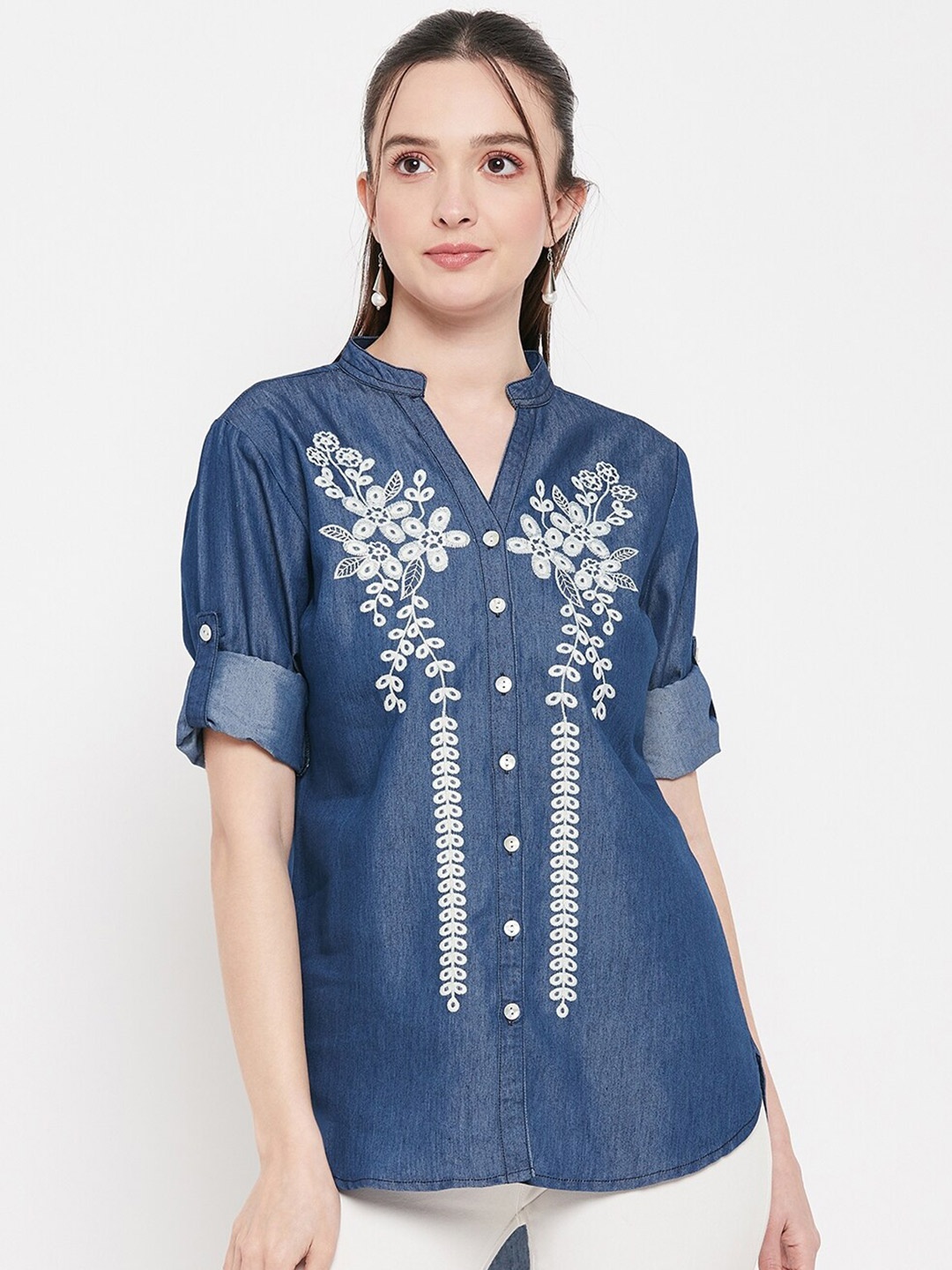 

BAESD Classic Floral Embroidered Regular Fit Denim Casual Shirt, Blue