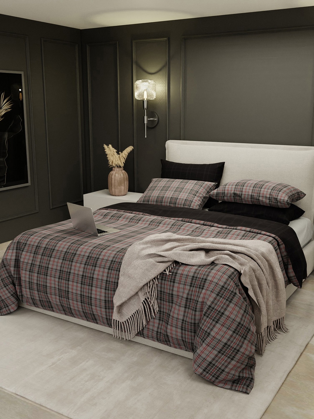 

Stoa Paris Vogue Grey Checked 230 TC Soft Duvet Cover Set King Bed With 4 Pillow Covers