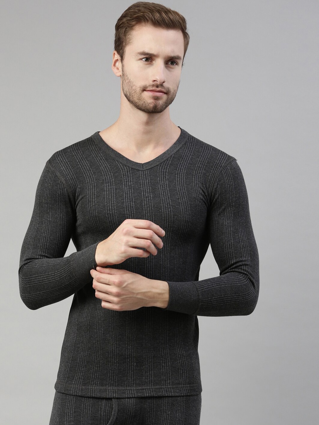 

DIXCY SCOTT Men Originals 4-Way Stretch Ribbed Thermal Tops, Grey melange