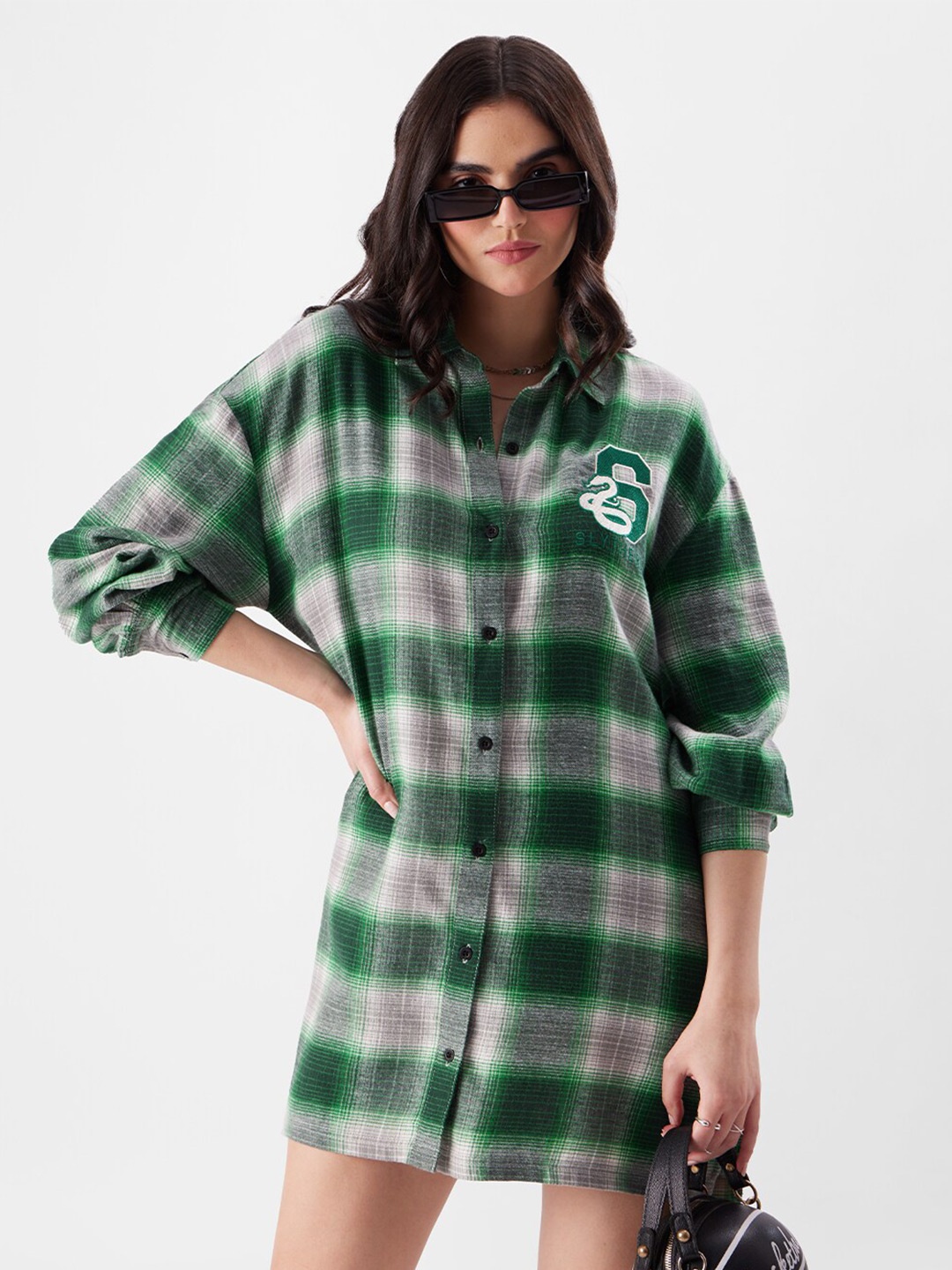 

The Souled Store Checked Drop-Shoulder Sleeves Pure Cotton Shirt Mini Dress, Green