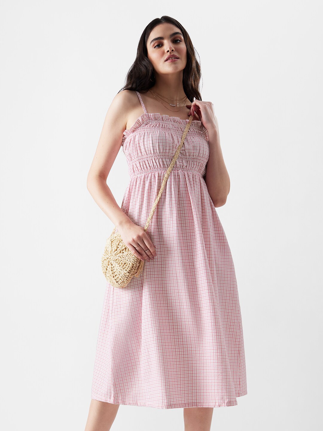 

The Souled Store Checked Shoulder Straps Ruffles Empire Pure Cotton Midi Dress, Pink