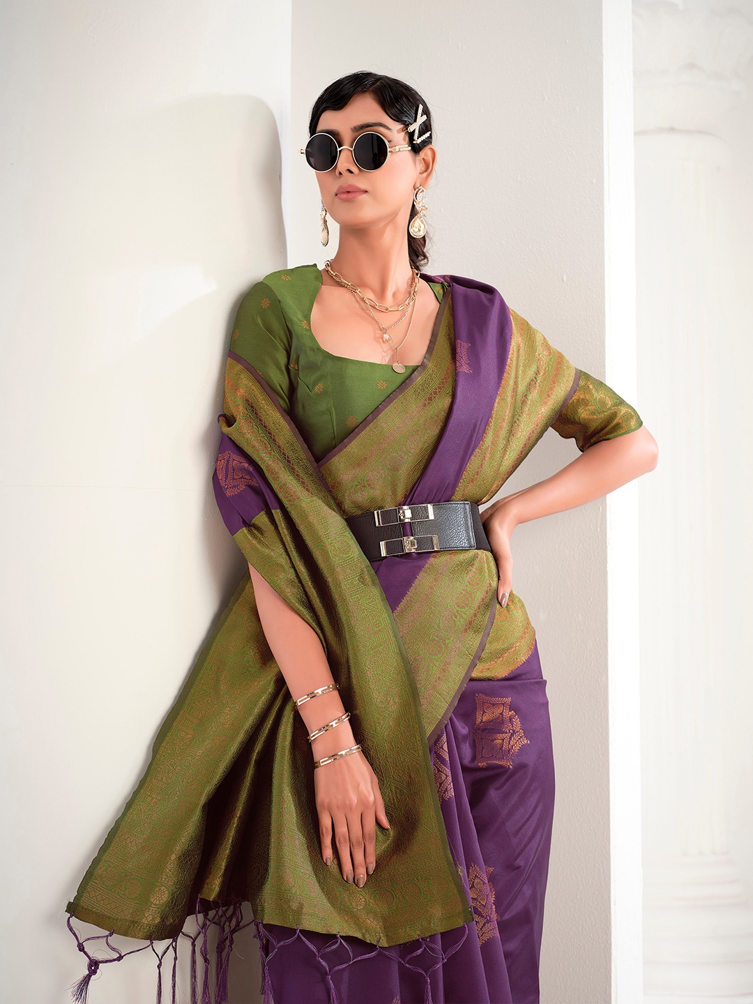 

Sangria Ethnic Motifs Woven Design Zari Saree, Purple