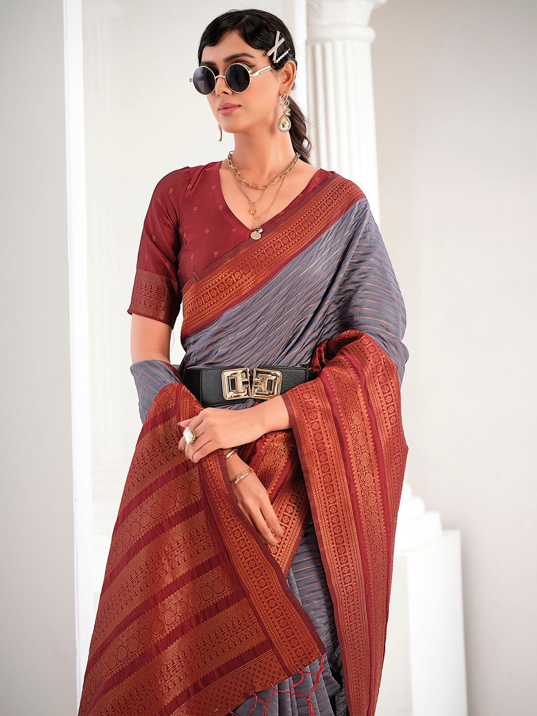 

Sangria Striped Zari Saree, Grey
