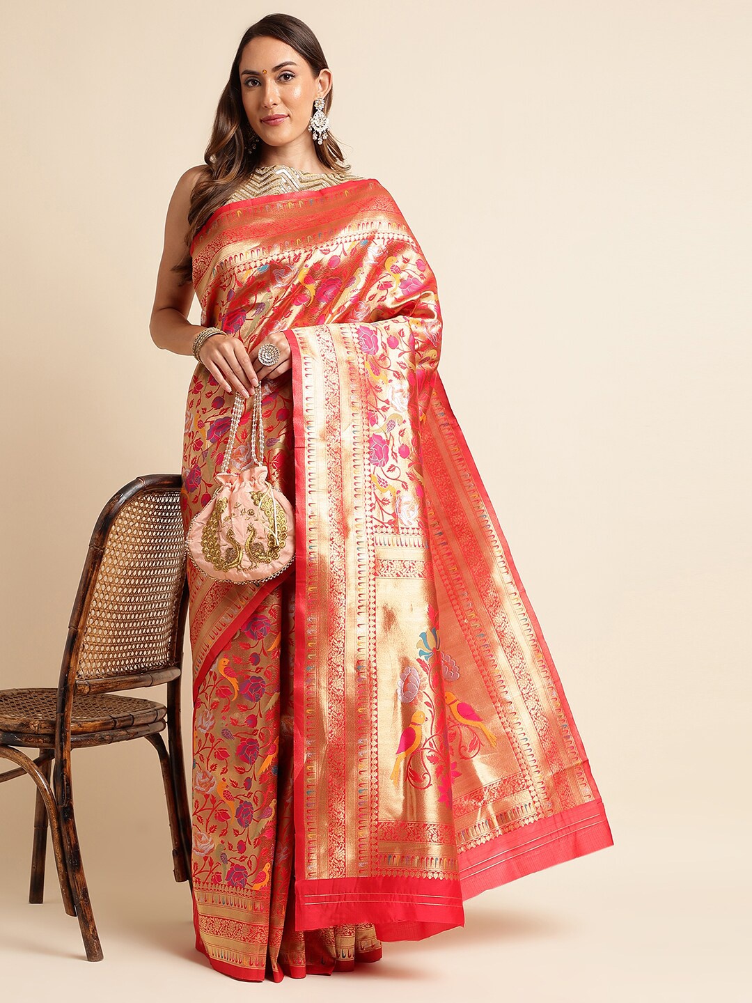 

KALINI Floral Woven Design Zari Kanjeevaram Saree, Red