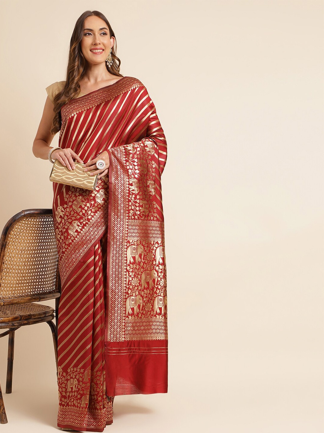 

KALINI Striped Zari Kanjeevaram Saree, Maroon