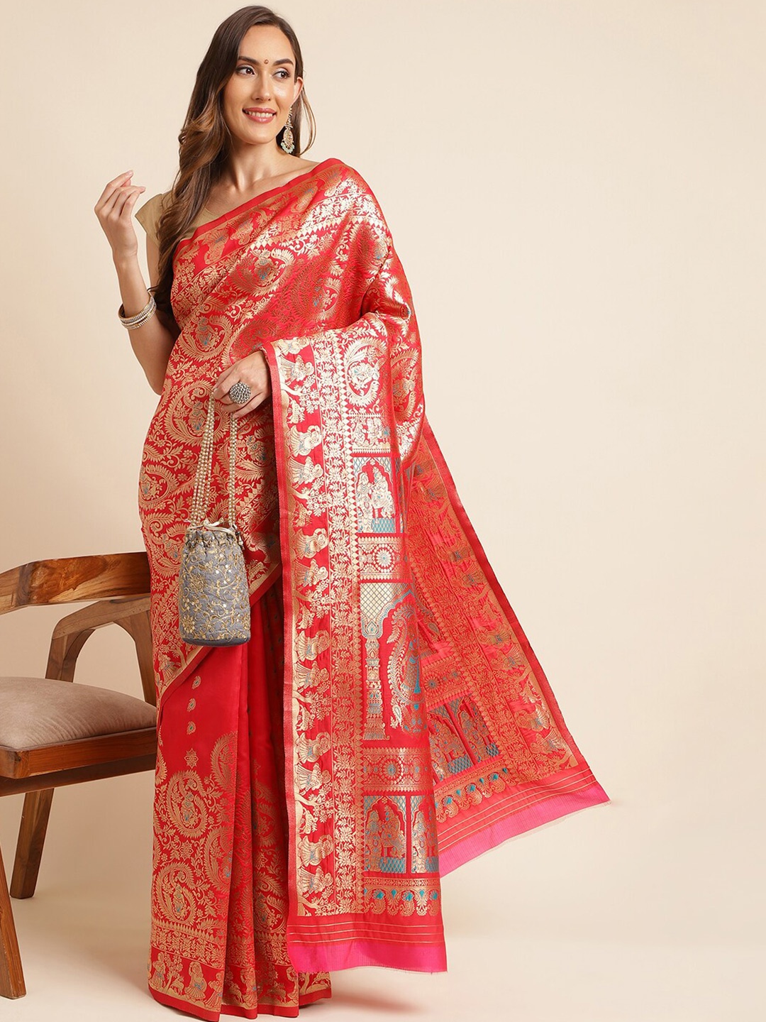 

KALINI Ethnic Motifs Woven Design Zari Kanjeevaram Saree, Red