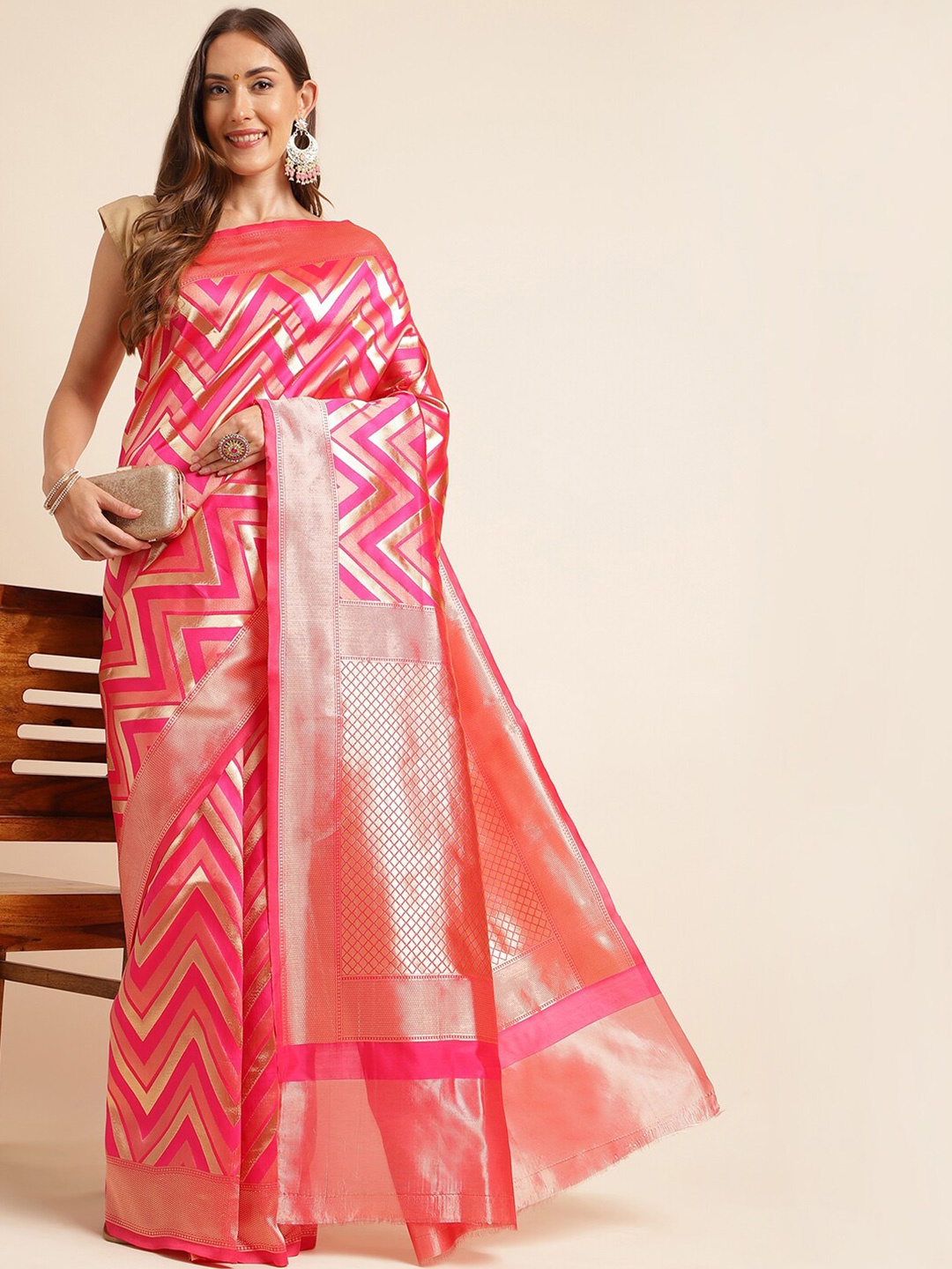 

KALINI Ethnic Motifs Woven Design Zari Kanjeevaram Saree, Pink