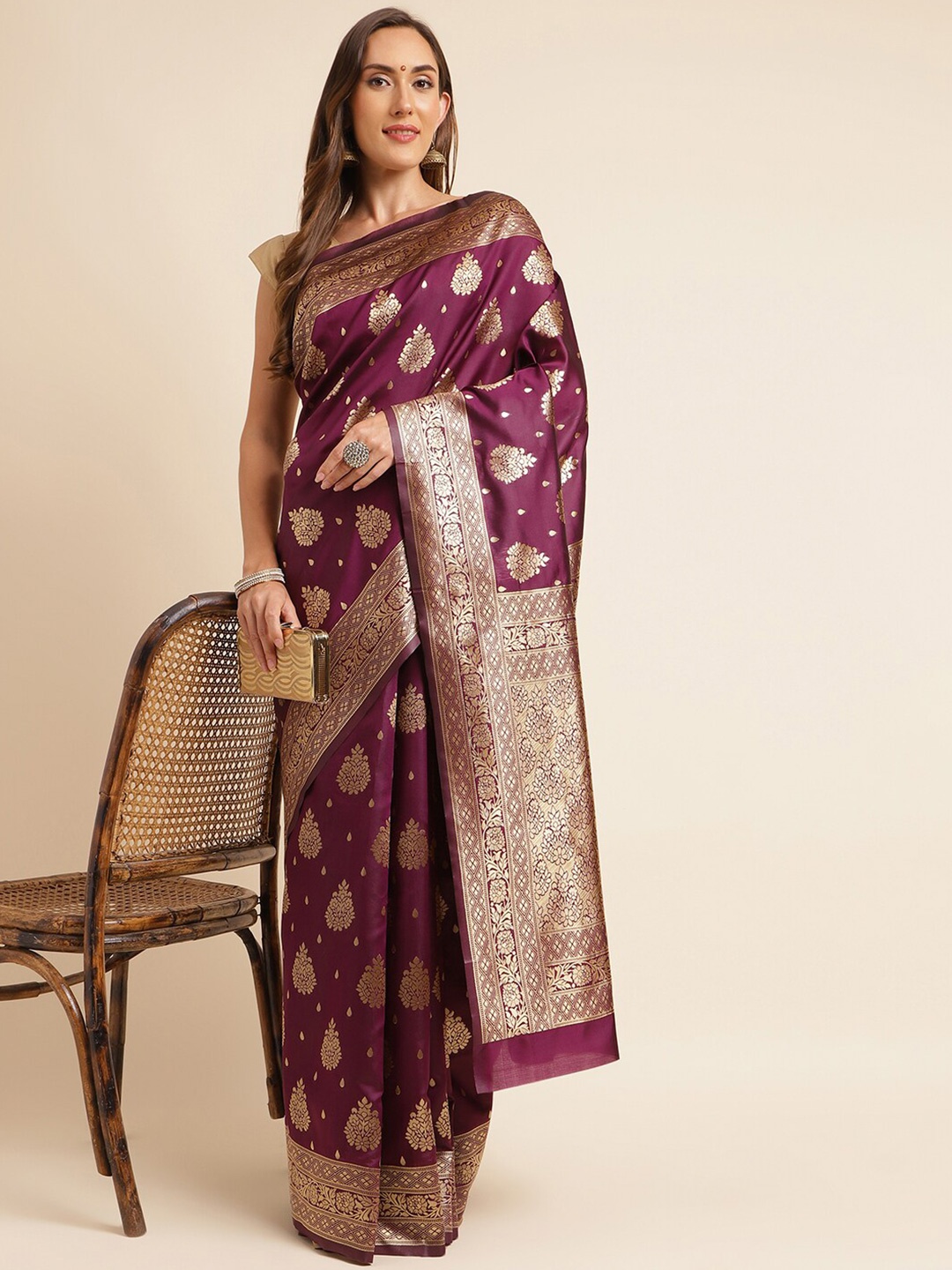 

KALINI Ethnic Motif Woven Design Zari Kanjeevaram Saree, Purple