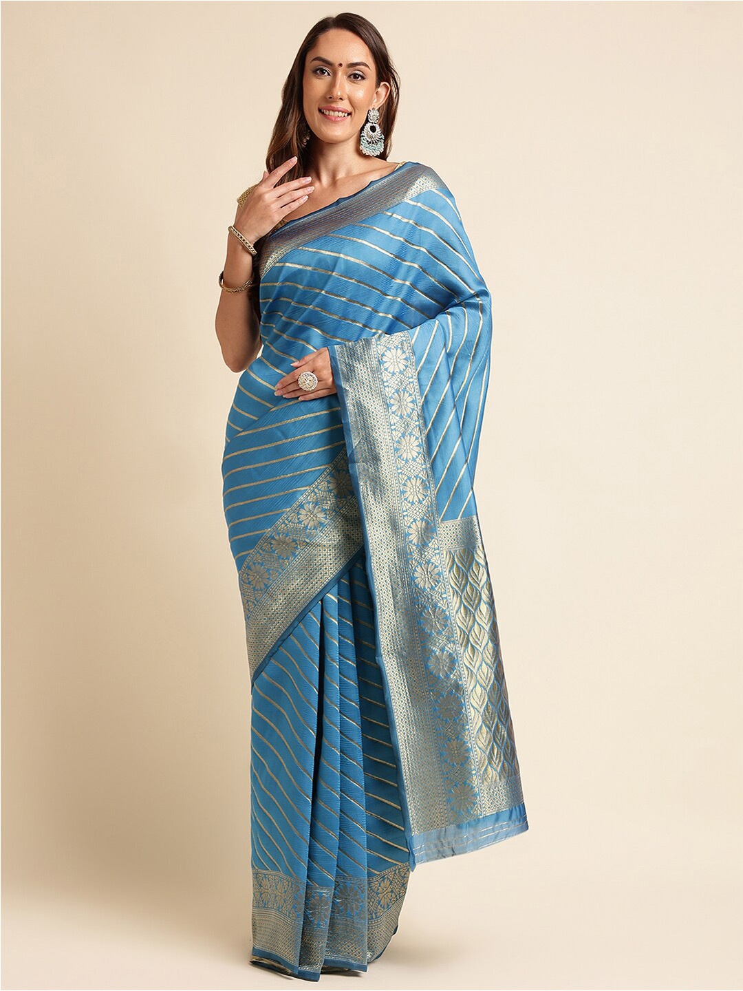 

KALINI Blue & Gold-Toned Ethnic Motifs Woven Design Zari Silk Blend Kanjeevaram Saree