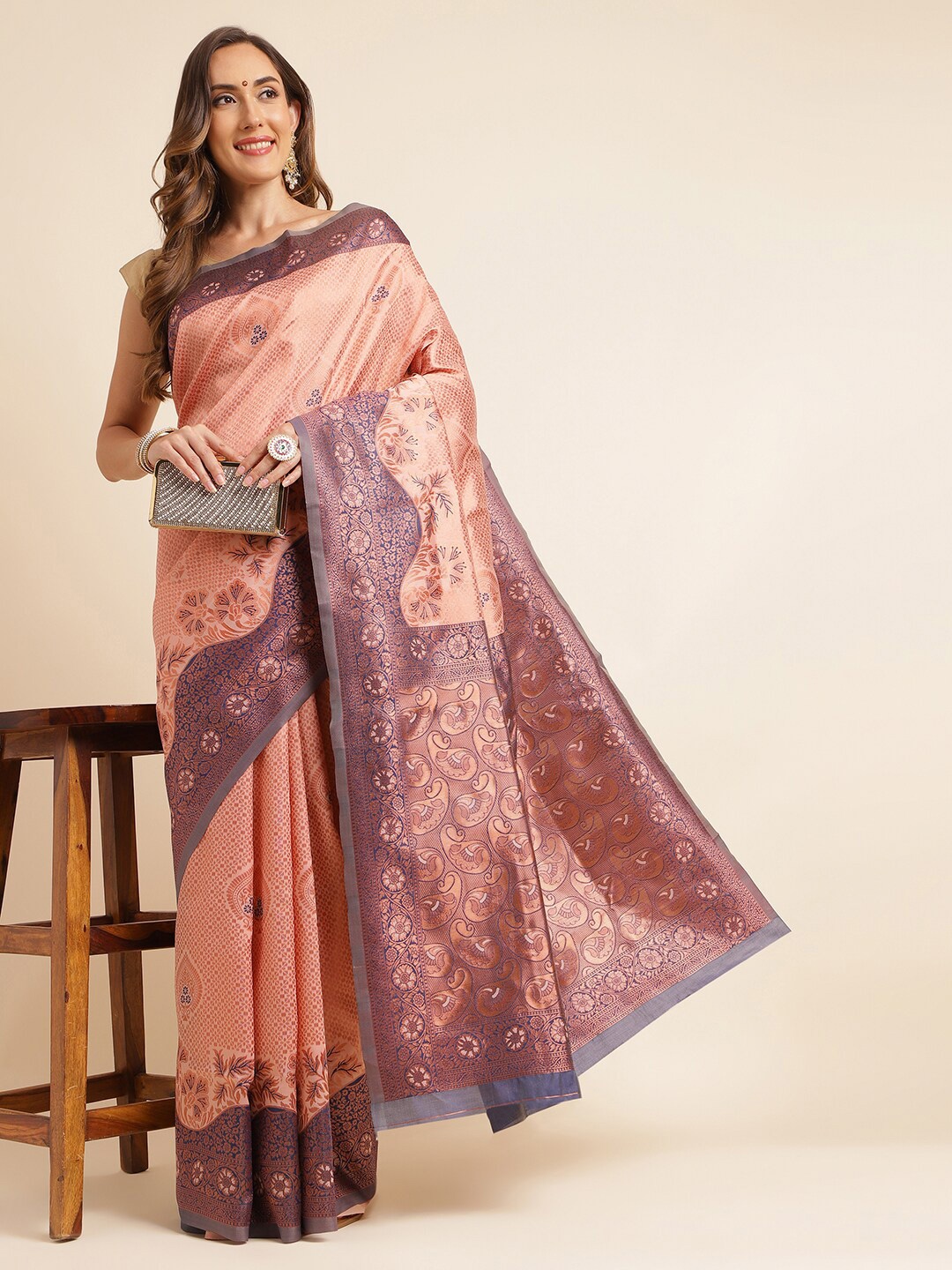 

KALINI Woven Design Zari Kanjeevaram Saree, Peach