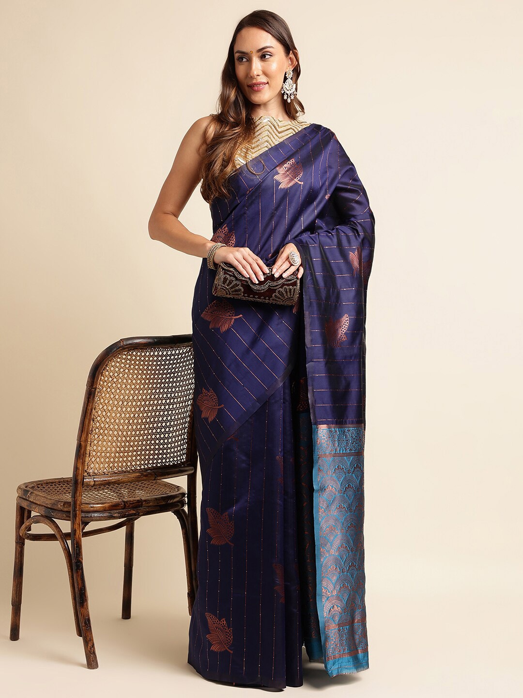 

KALINI Ethnic Motifs Woven Design Zari Kanjeevaram Saree, Blue