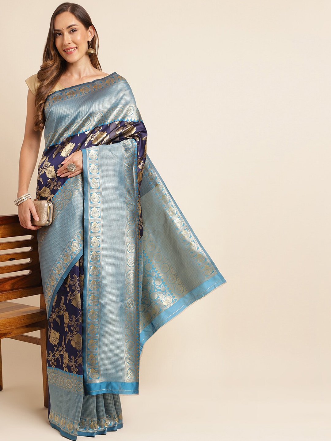 

KALINI Ethnic Motifs Woven Design Zari Kanjeevaram Saree, Blue