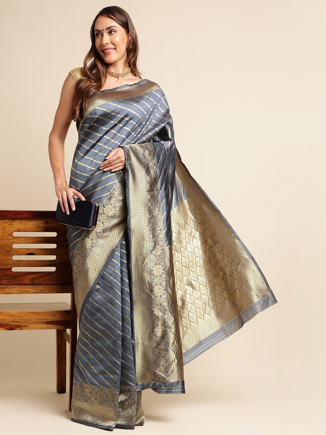 

KALINI Grey & Gold-Toned Striped Woven Design Zari Silk Blend Kanjeevaram Saree