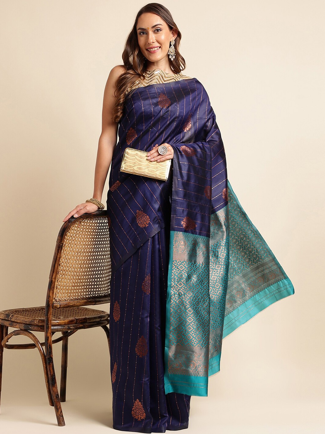

KALINI Paisley Woven Design Zari Kanjeevaram Saree, Blue