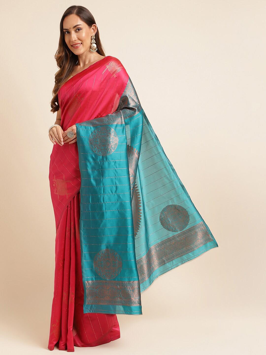

KALINI Ethnic Motifs Woven Design Zari Kanjeevaram Saree, Pink