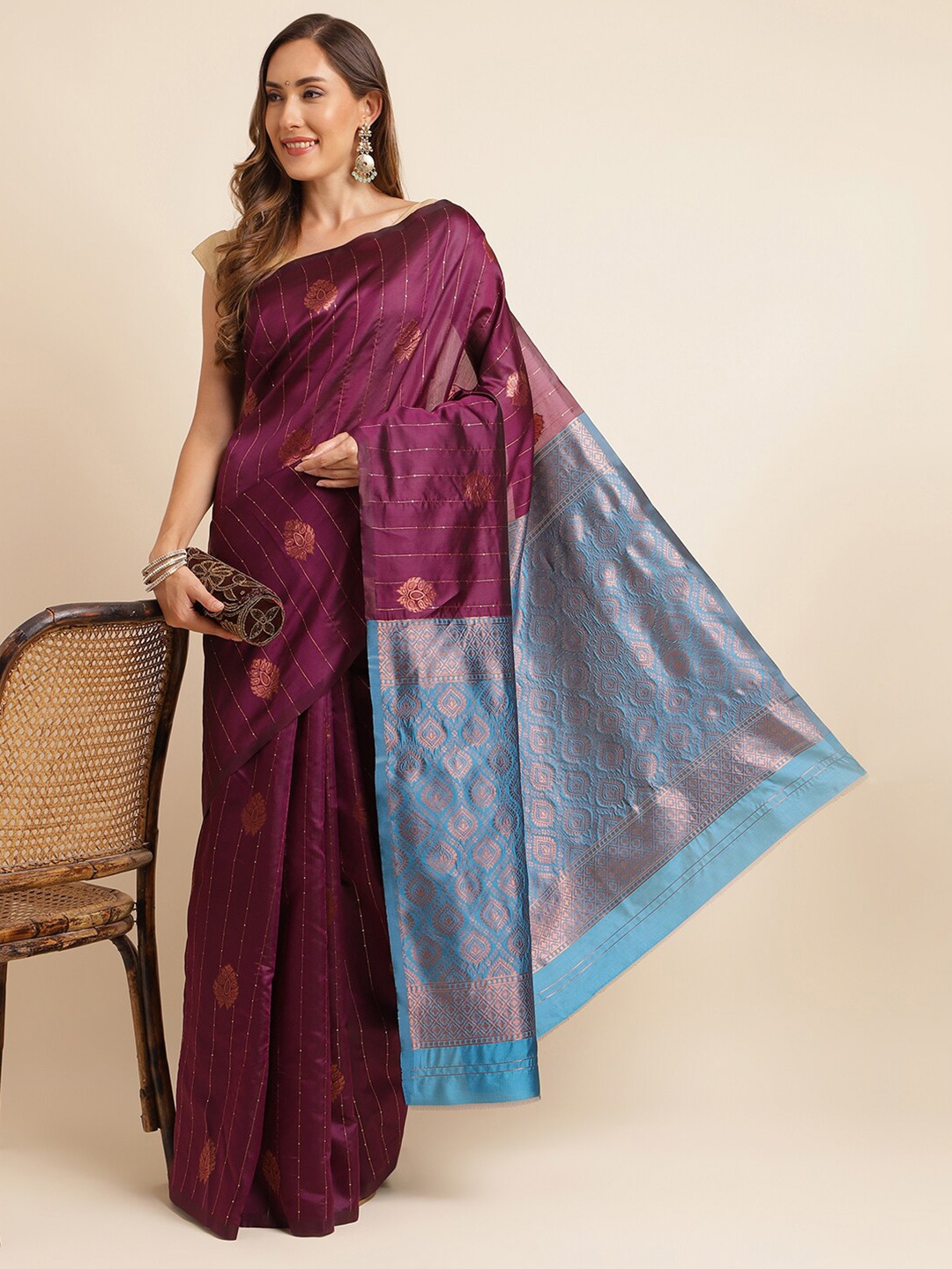 

KALINI Purple & Blue Ethnic Motifs Woven Zari Silk Blend Kanjeevaram Saree