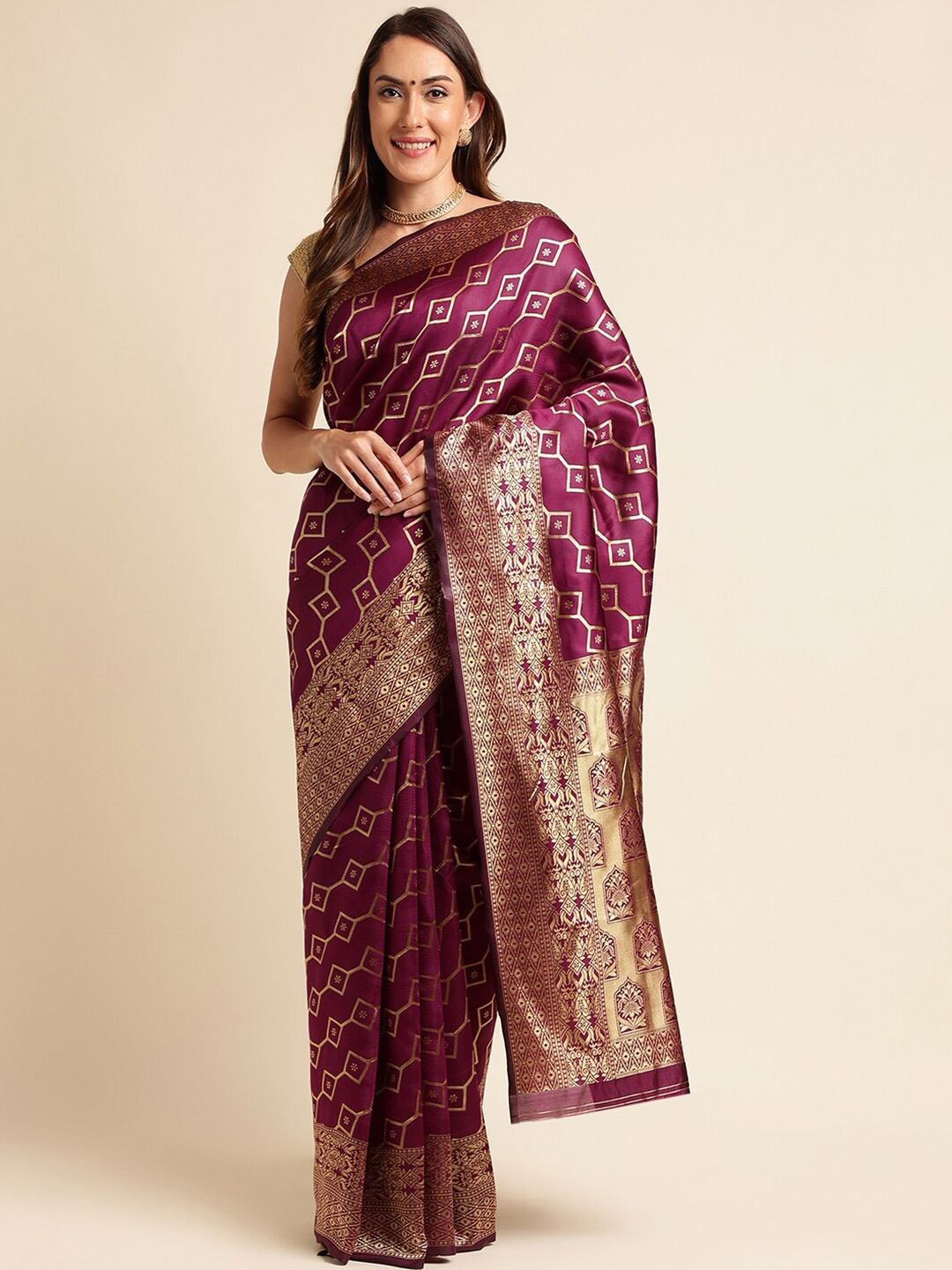 

KALINI Purple & Gold-Toned Geometric Woven Design Zari Silk Blend Kanjeevaram Saree