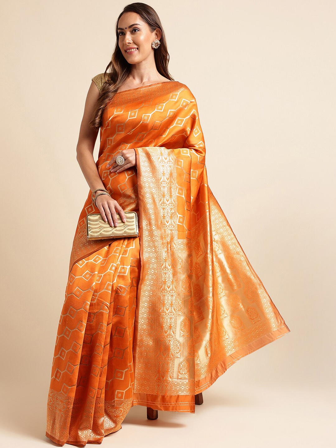 

KALINI Orange & Gold-Toned Geometric Woven Design Zari Silk Blend Kanjeevaram Saree