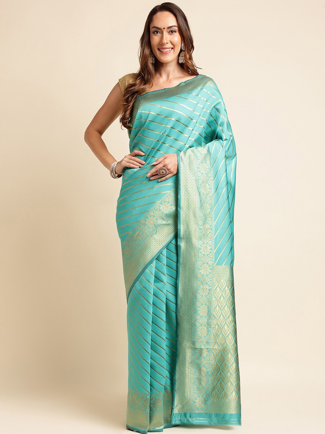

KALINI Striped Woven Design Zari Kanjeevaram Saree, Green