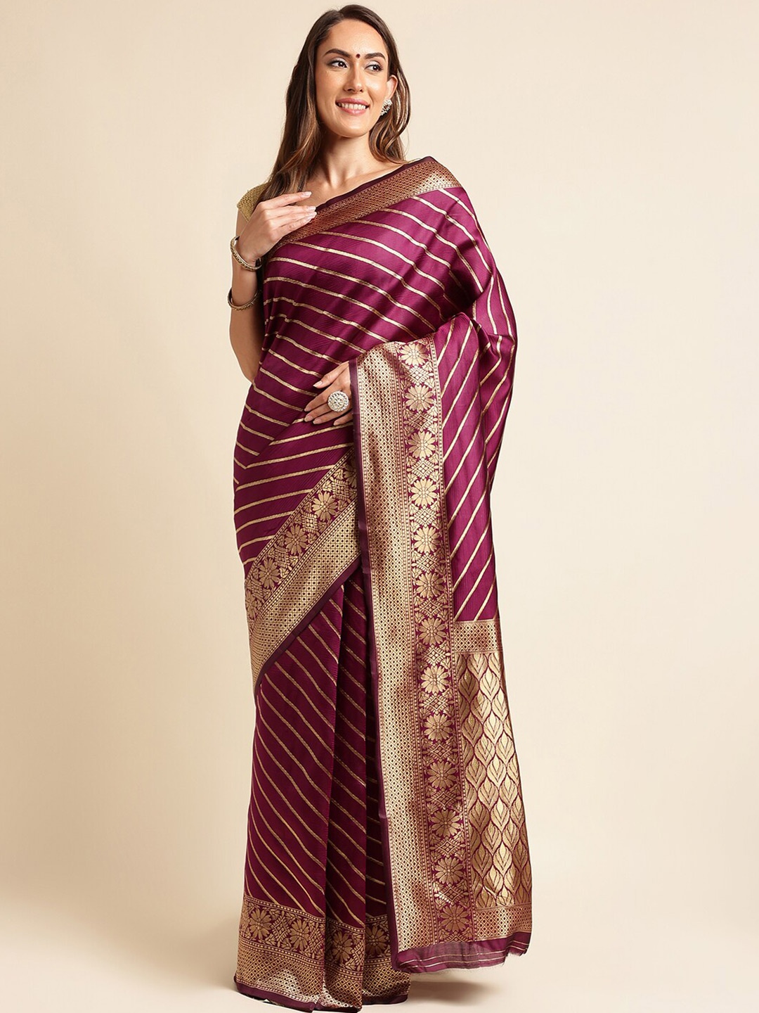 

KALINI Leheriya Woven Design Zari Kanjeevaram Saree, Purple