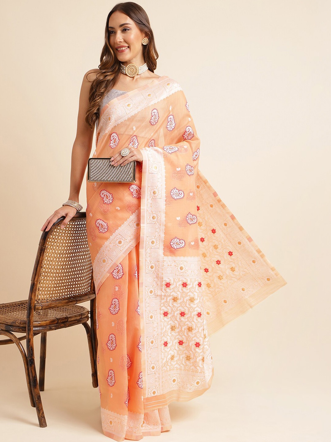 

KALINI Woven Design Zari Linen Cotton Saree, Orange