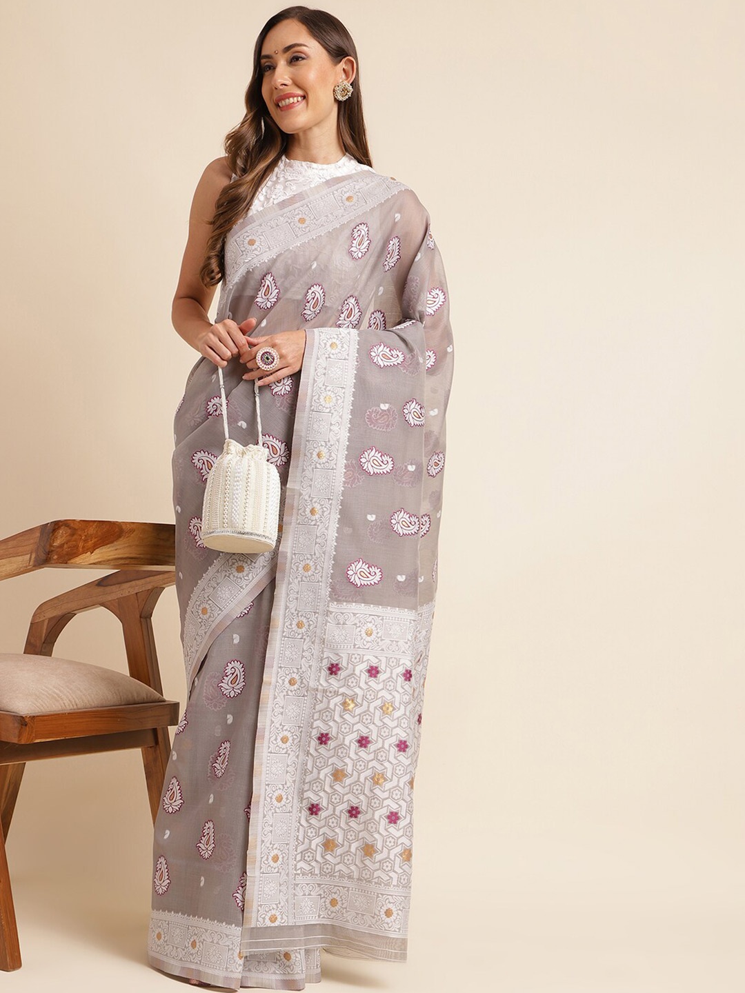 

KALINI Woven Design Zari Linen Blend Saree, Grey