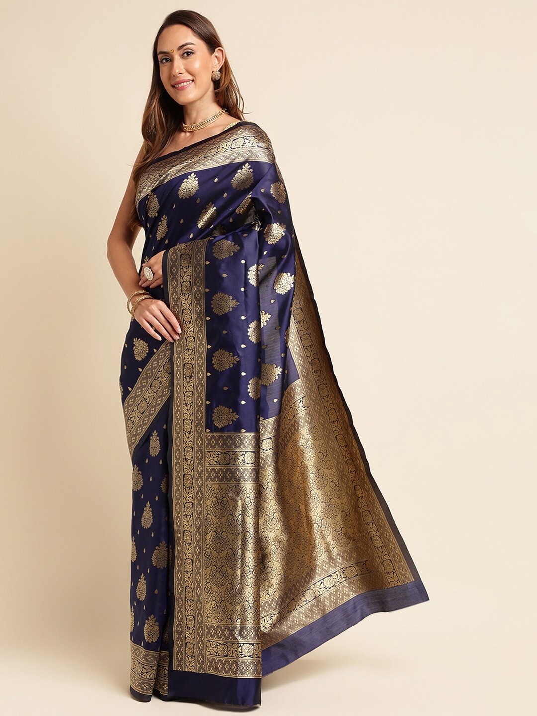

KALINI Woven Design Zari Kanjeevaram Saree, Navy blue