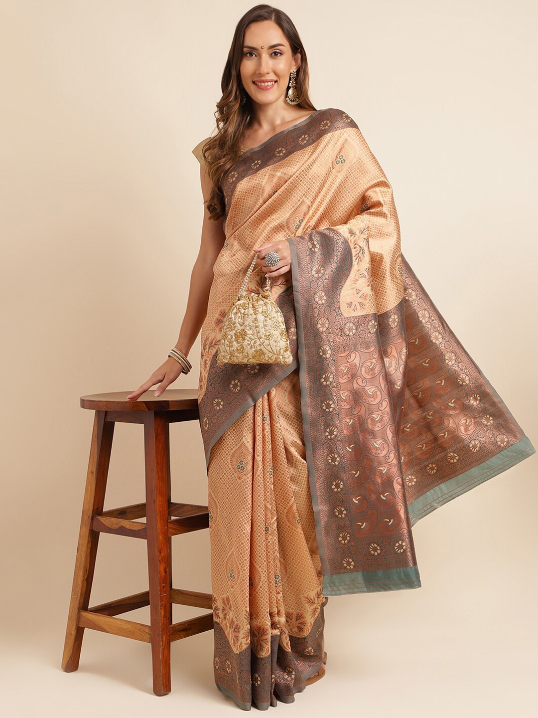 

KALINI Beige & Grey Ethnic Motifs Woven Design Zari Silk Blend Kanjeevaram Saree