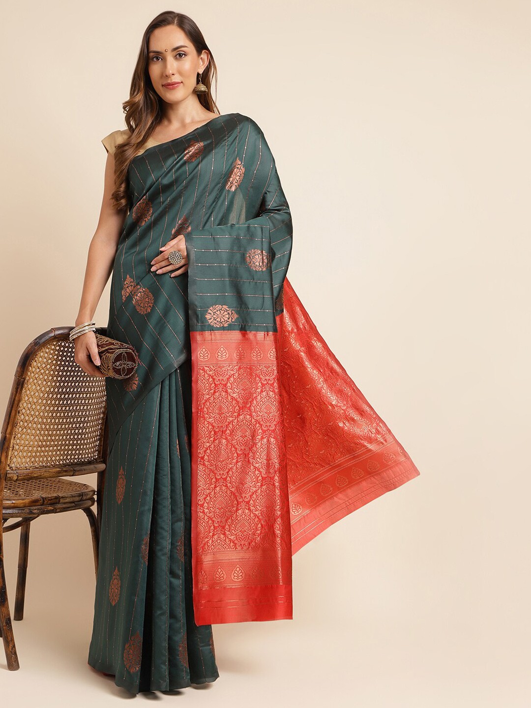 

KALINI Green & Red Ethnic Motifs Woven Design Zari Silk Blend Kanjeevaram Saree
